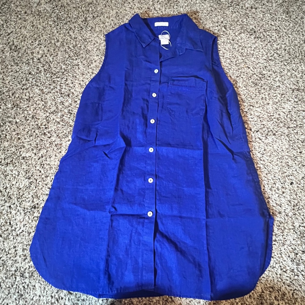 Chicos No-Iron FreshChic Royal Blue Linen Sleeveless Tunic Button Down Top 1 S/M
